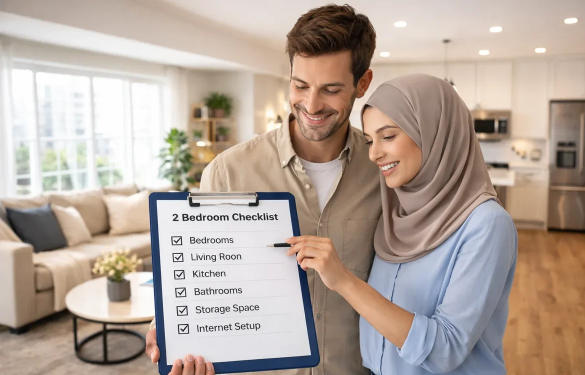 Couple in a modern apartment reviewing a 2 bedroom checklist on a clipboard, checking rooms and setup items in their new home.