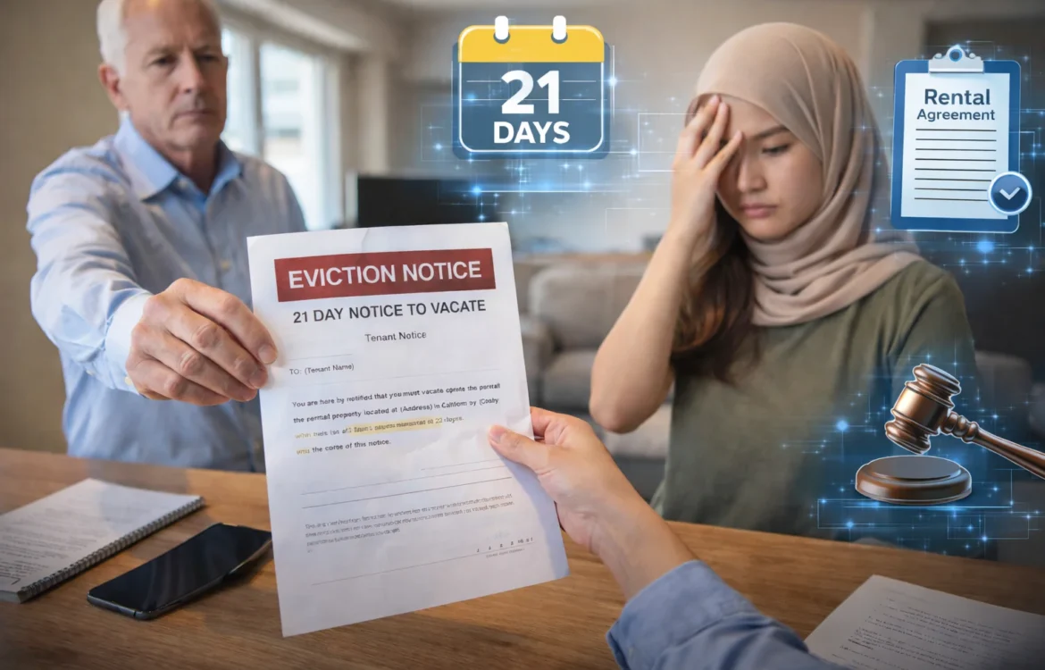 21 day notice california eviction scenario showing a landlord handing a legal notice to a tenant wearing a hijab inside a residential living room.