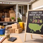 Average Cost to Move Out of State shown with a moving truck being loaded, packed moving boxes, a suitcase, and a budget setup with a calculator and cash jar.