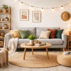 Cheap Apartment Decorating Ideas shown in a cozy living room with a gray sofa, colorful pillows, jute rug, indoor plants, warm lighting, and simple budget-friendly decor.