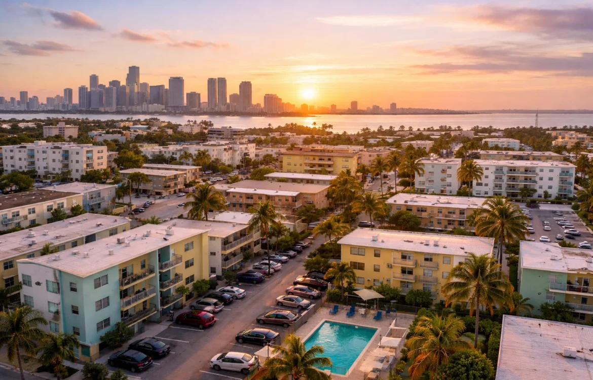 Cheap Apartments Miami skyline view with low-rise apartment buildings, palm trees, and a pool at sunset.