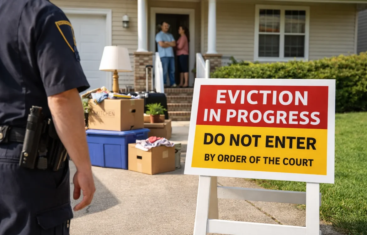 Do Evictions Happen Weekends concept shown with an eviction sign outside a house, a police officer nearby, and moving boxes on the driveway.