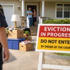 Do Evictions Happen Weekends concept shown with an eviction sign outside a house, a police officer nearby, and moving boxes on the driveway.