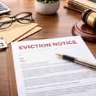 Rental Eviction Notice Template document on a desk with an envelope, keys, and a pen, representing a formal tenant eviction notice.