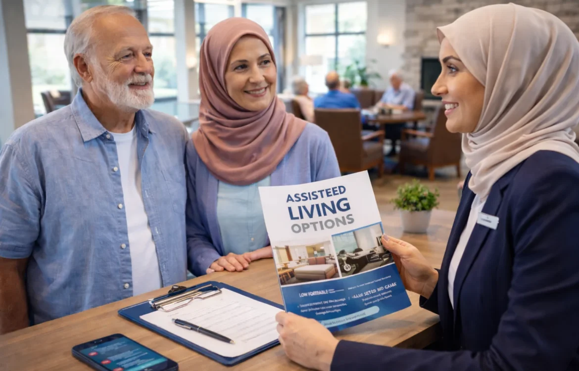 Affordable assisted living consultation with a senior couple meeting a hijab-wearing staff member to discuss care options in a welcoming community setting.
