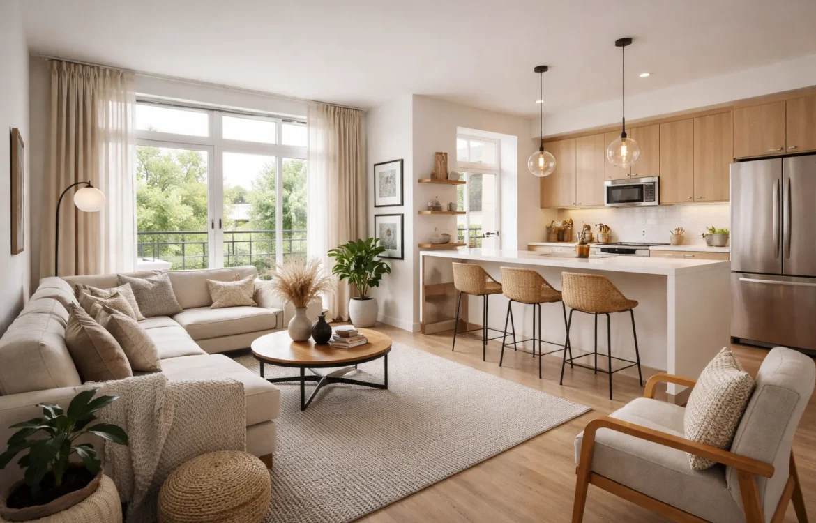 Bright modern living room and kitchen showcasing stylish furniture, neutral tones, and smart layout as apartment interior design ideas.