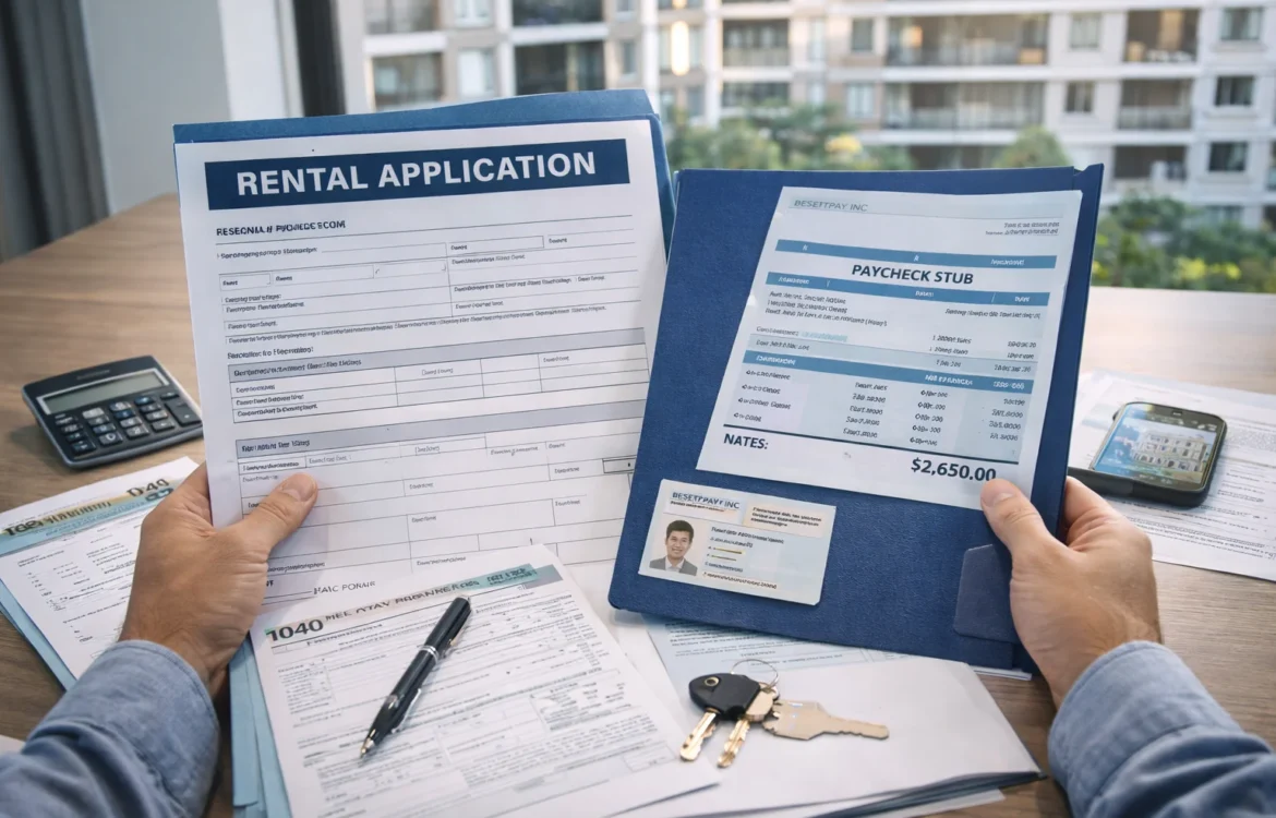 apartment requirements shown with a rental application, paycheck stub, ID card, and keys laid out on a desk while preparing to rent an apartment.
