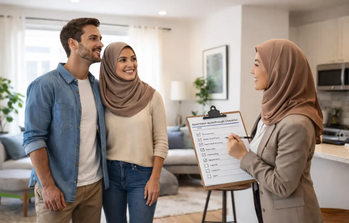 Apartment walkthrough checklist in use as a couple tours a rental home with an agent reviewing items on a clipboard during a move-in inspection.