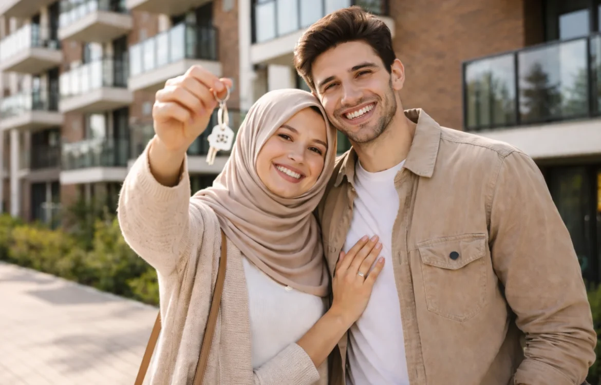 Happy young couple holding new home keys outside a modern building after they buy first apartment