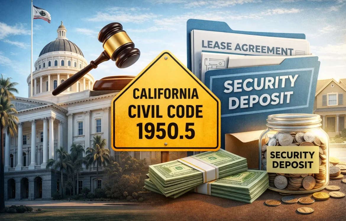 California civil code 1950.5 security deposit guide image showing the California State Capitol, a judge gavel, and security deposit documents with money and a lease agreement.