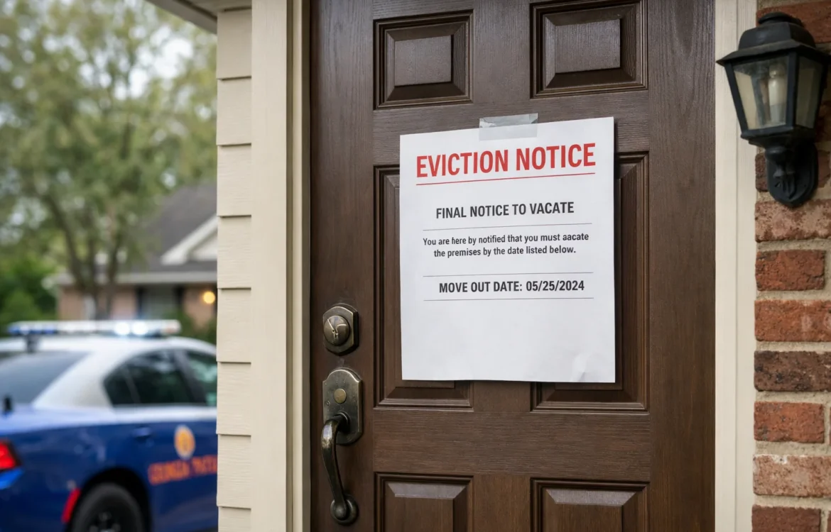 Eviction notice GA posted on a residential front door in Georgia, showing a formal paper notice taped to the door of a suburban home.