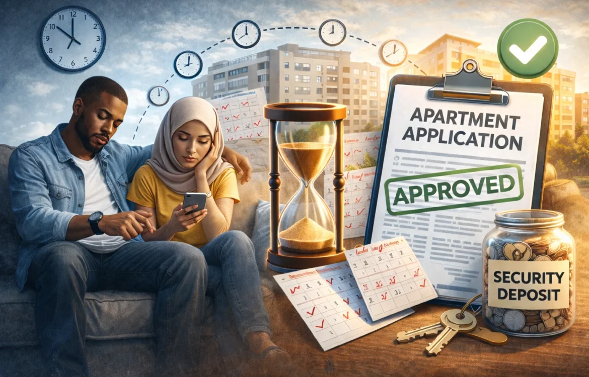 Fast apartment approval timeline showing a couple waiting on a couch, a calendar and hourglass symbolizing time, and an approved apartment application with keys and security deposit.