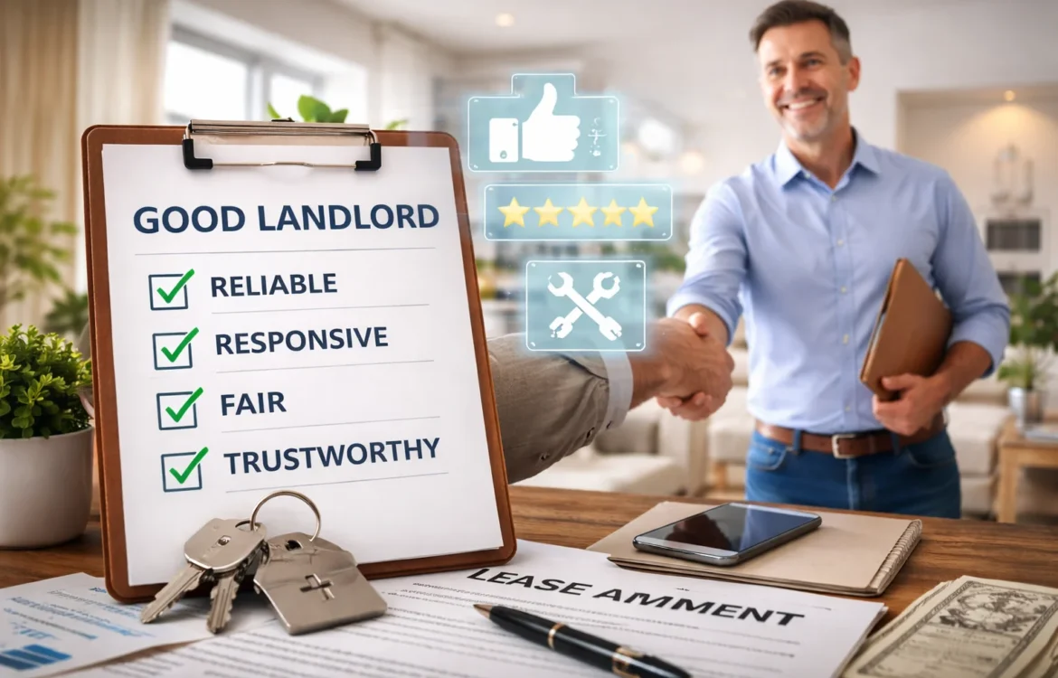 Tenant and landlord shaking hands in a modern apartment with a checklist showing reliability and trust, illustrating how to find good landlord.