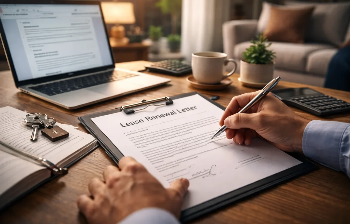 Close-up of a person signing a lease renewal form on a clipboard at a modern home desk, with a laptop, keys, and documents arranged nearby, representing the lease renewal process.