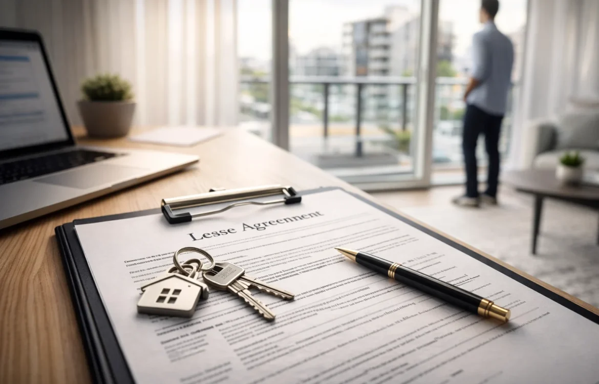 Close-up of an nc lease agreement on a modern workspace with apartment keys and a pen, symbolizing a residential rental agreement in North Carolina.