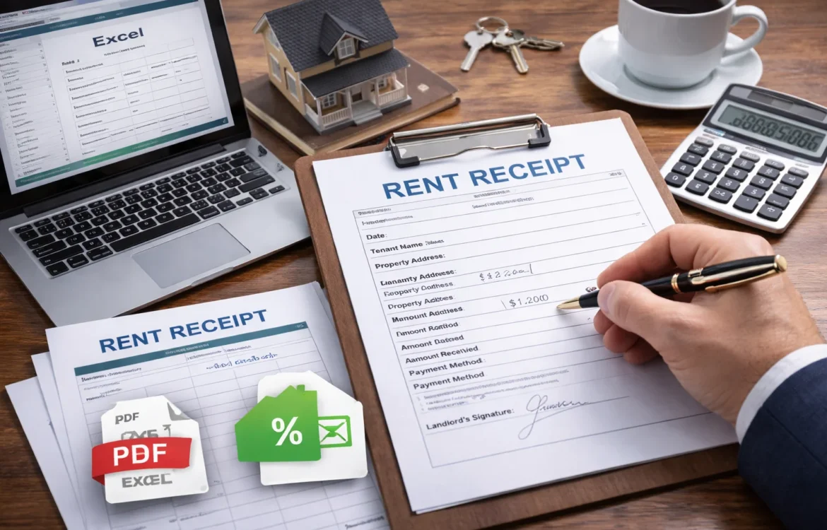 rent receipt being filled out by a landlord on a clipboard, with PDF and Excel templates shown on a laptop and desk.