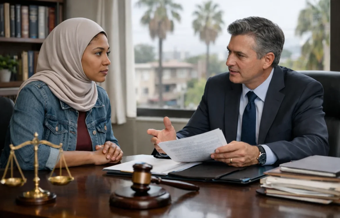 Tenant lawyer California consulting with a hijab-wearing tenant in a professional law office, reviewing rental documents and legal papers.