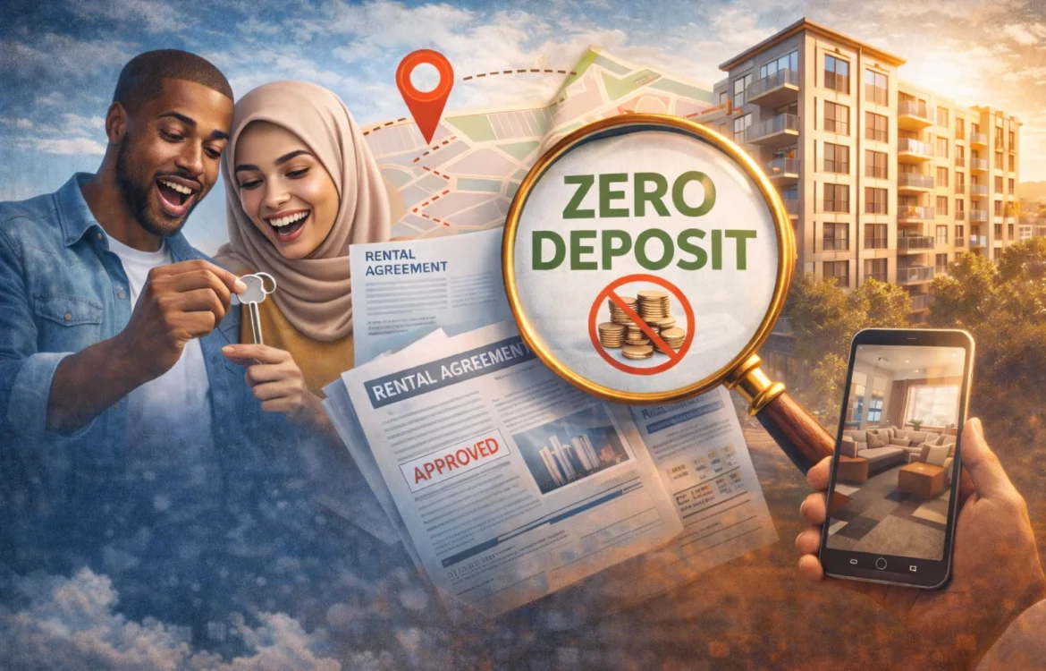 Zero deposit apartments shown by a happy couple, including a woman wearing a hijab, holding apartment keys with rental agreements, a city map, and a magnifying glass highlighting no upfront deposit.