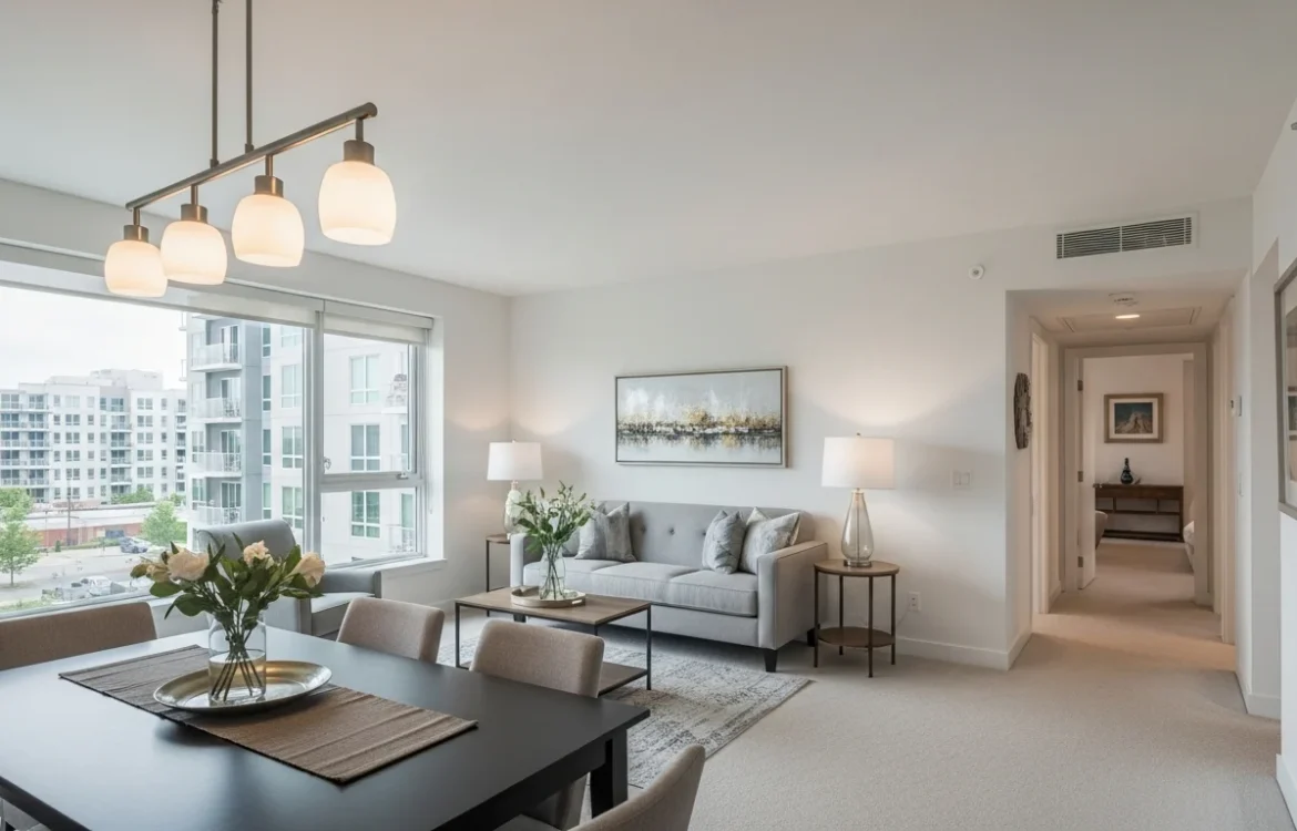 Modern apartment living/dining area with large windows. See 4 Bedroom Apartments for Rent: Your Complete 2026 Guide.