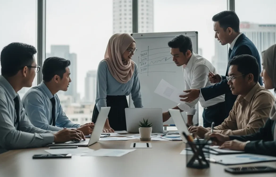 Diverse business team collaborating in a corporate meeting room, discussing data displayed on a whiteboard and laptops.