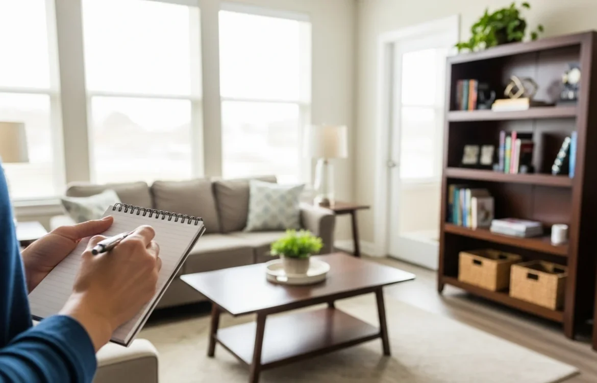 Taking notes inside a potential home, reviewing the Apartment Tour Questions: Your Complete 2026 Guide to Asking the Right Ones checklist.