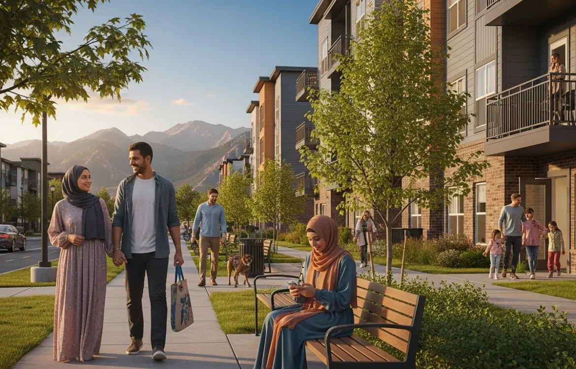 Diverse residents enjoying a walk along the sidewalk of a modern apartment complex with mountains in the distance.