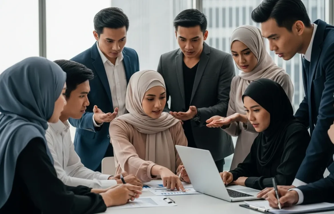 Diverse group of business professionals reviewing financial reports and a laptop during a collaborative team meeting.