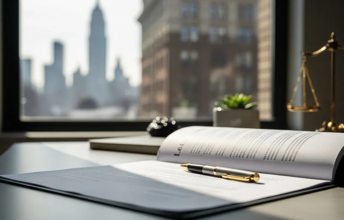 Breaking a Lease in New York: Your Complete 2026 Guide. Legal contract, pen, and scales of justice on a desk with a NYC view.