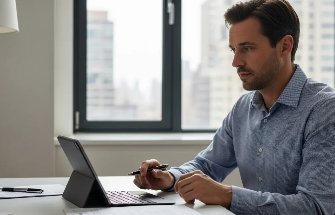 A professional man reviews documents on a tablet; vital info on Breaking a Lease in NYC: Fees & Rules for 2026.