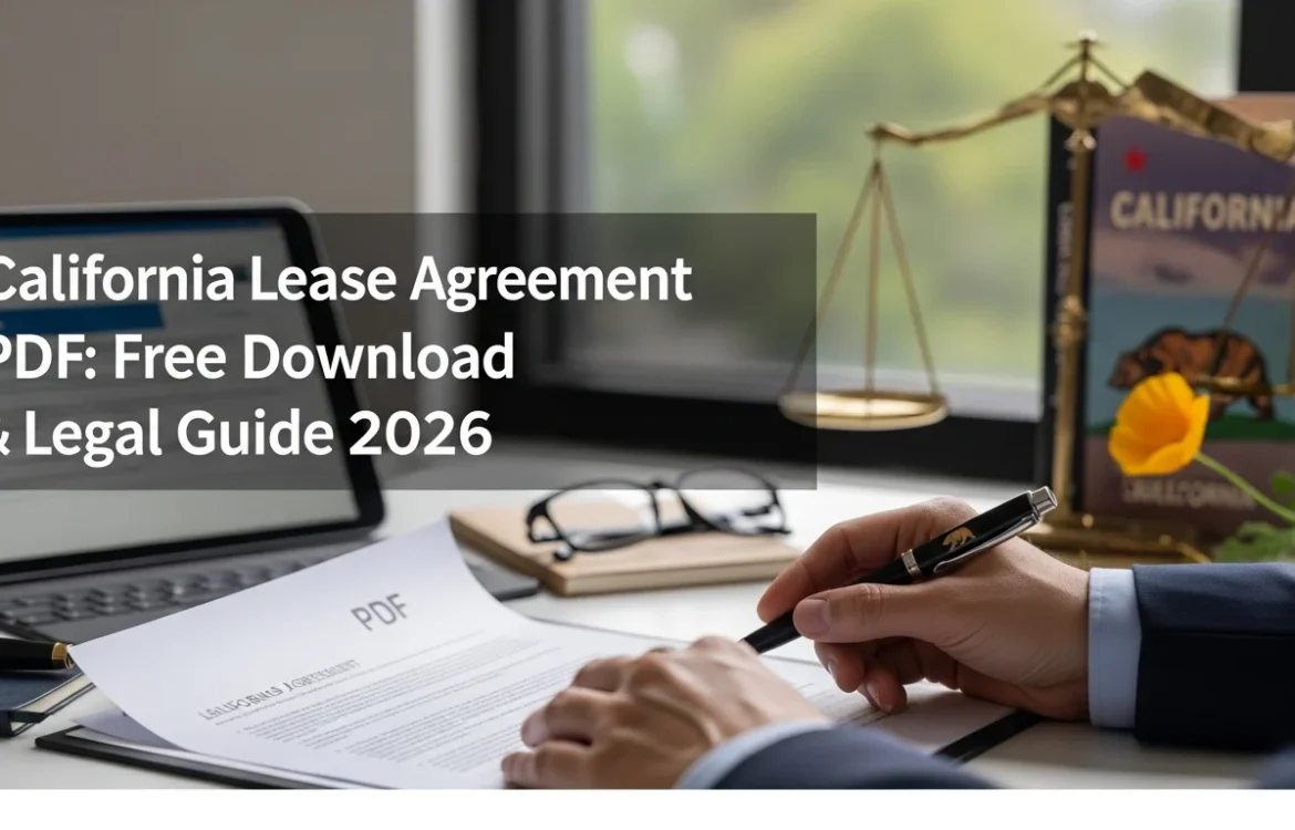 Signing the California Lease Agreement PDF: Free Download & Legal Guide 2026, with scales of justice nearby.