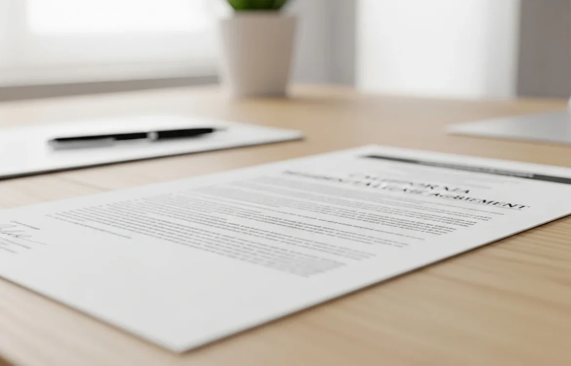 Paper on a desk, ready to sign. It is the California Residential Lease Agreement (Free Template & Guide 2026).