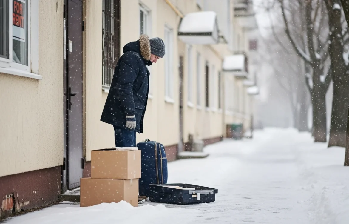Man outside with boxes in heavy snow. Can You Be Evicted in Winter? A Complete Guide to Cold Weather Evictions answers this legal query.