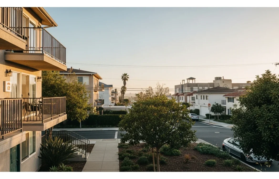 Sunset view of a residential street with apartment balconies and palm trees, crucial for Cheap Apartments in San Diego: Your Complete 2026 Guide.