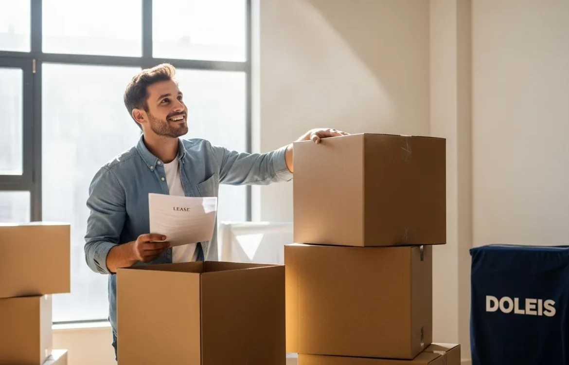 Happy man holding a lease in his new apartment surrounded by moving boxes. Cheap Move In Specials: Your Complete 2026 Guide to Finding Great Deals