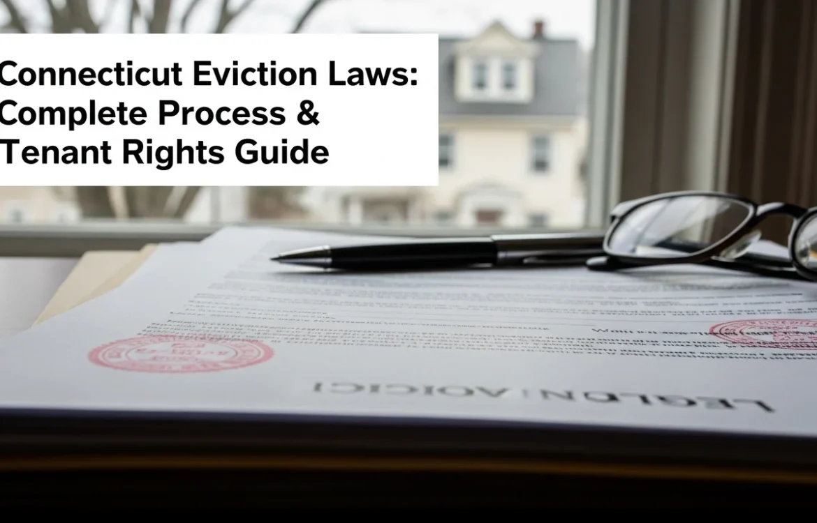 Connecticut Eviction Laws: Complete Process & Tenant Rights Guide title card over legal papers, pen, and reading glasses.