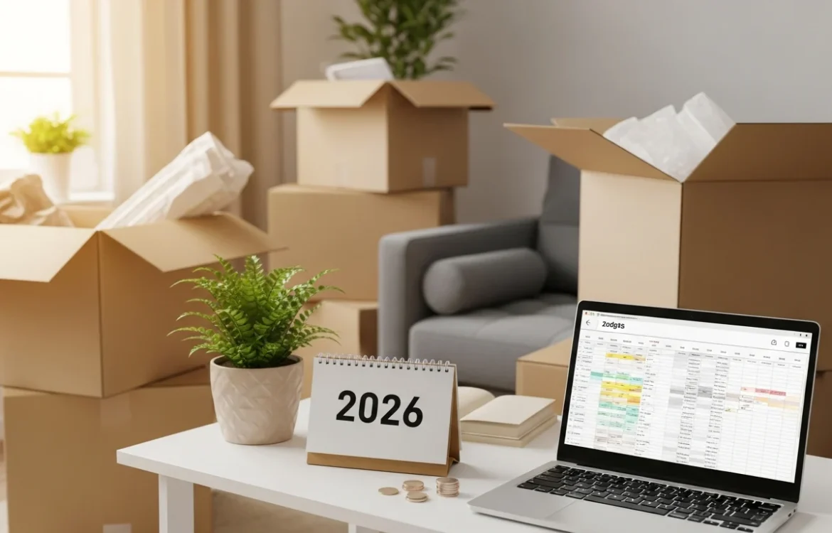 Laptop budgeting for moving shown with boxes and a 2026 calendar. Cost of First Apartment: Your Complete 2026 Guide to Budgeting.