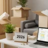 Laptop budgeting for moving shown with boxes and a 2026 calendar. Cost of First Apartment: Your Complete 2026 Guide to Budgeting.