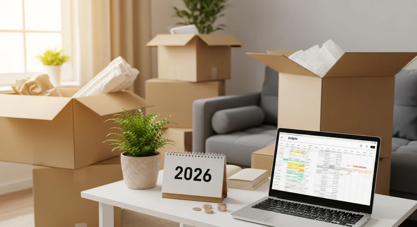 Laptop budgeting for moving shown with boxes and a 2026 calendar. Cost of First Apartment: Your Complete 2026 Guide to Budgeting.