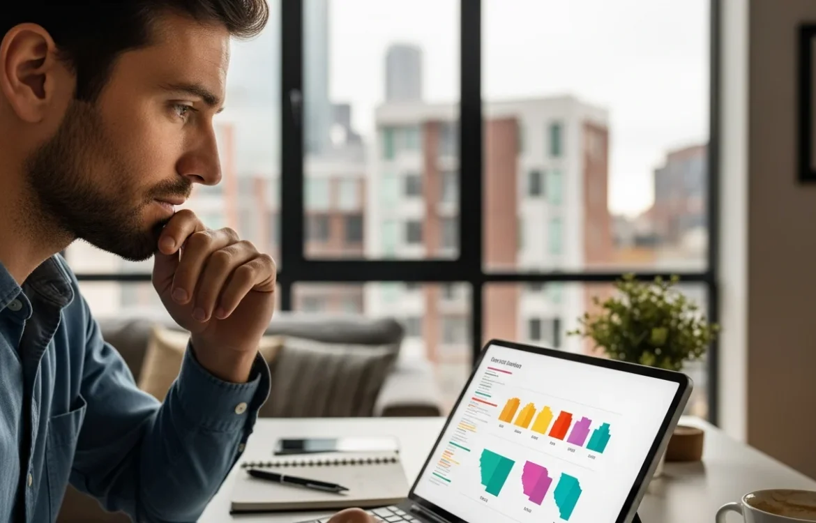 Man studying graphs for Cost of Living by State Comparison: 2026 Guide for Renters research.