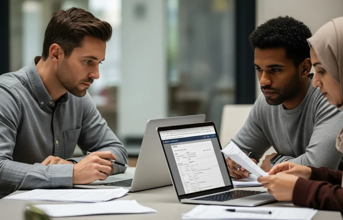 Three people review application details on a laptop screen about the Emergency Housing Voucher: How to Apply in 2026.