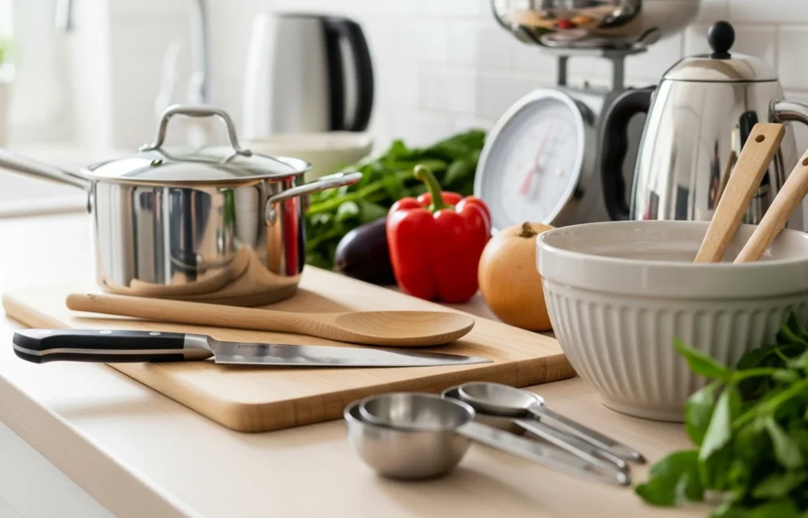 Stainless steel pot, knife, cutting board, and fresh vegetables on a modern counter. Essential Kitchen Items List: Your Complete 2026 Guide.