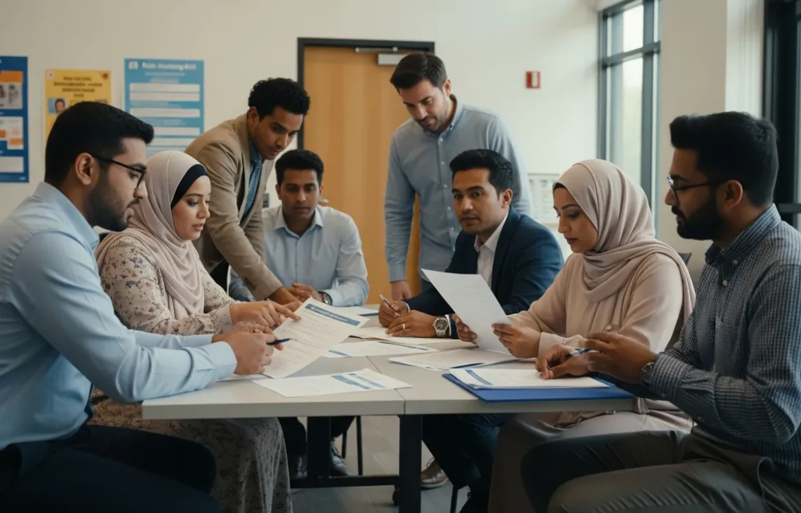 A diverse group of seven professionals reviewing and discussing documents around a conference table.