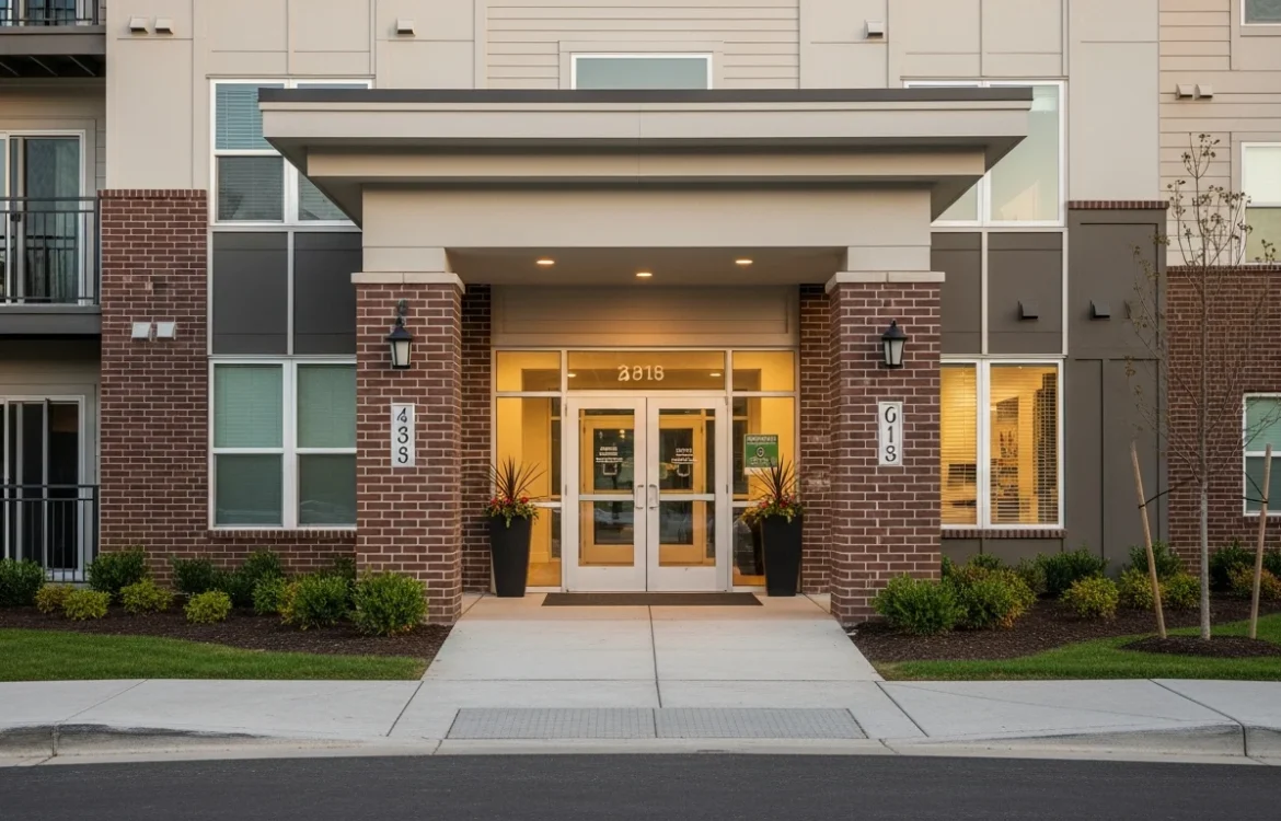 Modern apartment building lobby entrance (3816) with brick facade. Find Apartments $500 a Month Near You: 2026 Guide for cheap rentals.