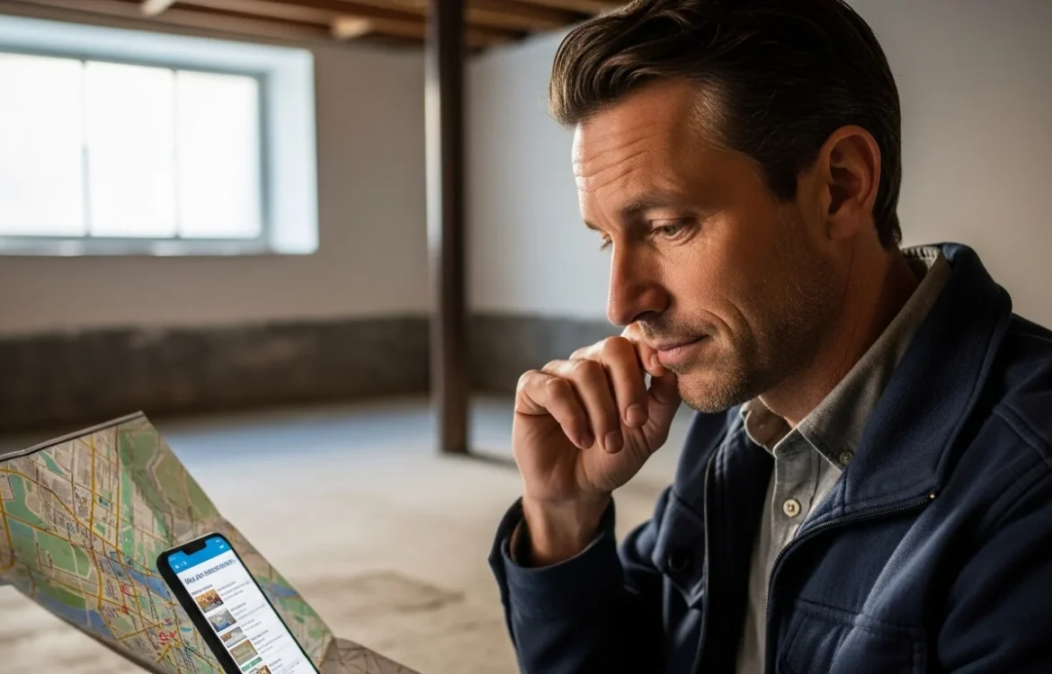 Man reviewing apartment listings on phone and map in a basement; Find Cheap Basement Apartments Near You: A Complete 2026 Guide.