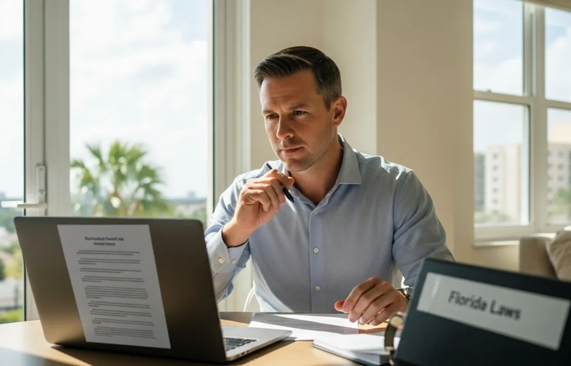 A man reviews Florida Landlord Tenant Laws: A Complete 2026 Guide for Renters on a laptop in a sunny office.