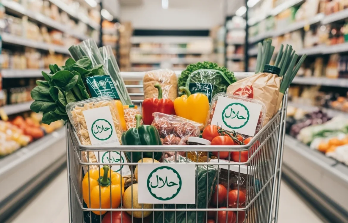 Halal certified groceries in a shopping cart, featuring peppers and produce, illustrating the Halal Grocery Shopping Guide: Your Complete 2026 Handbook.