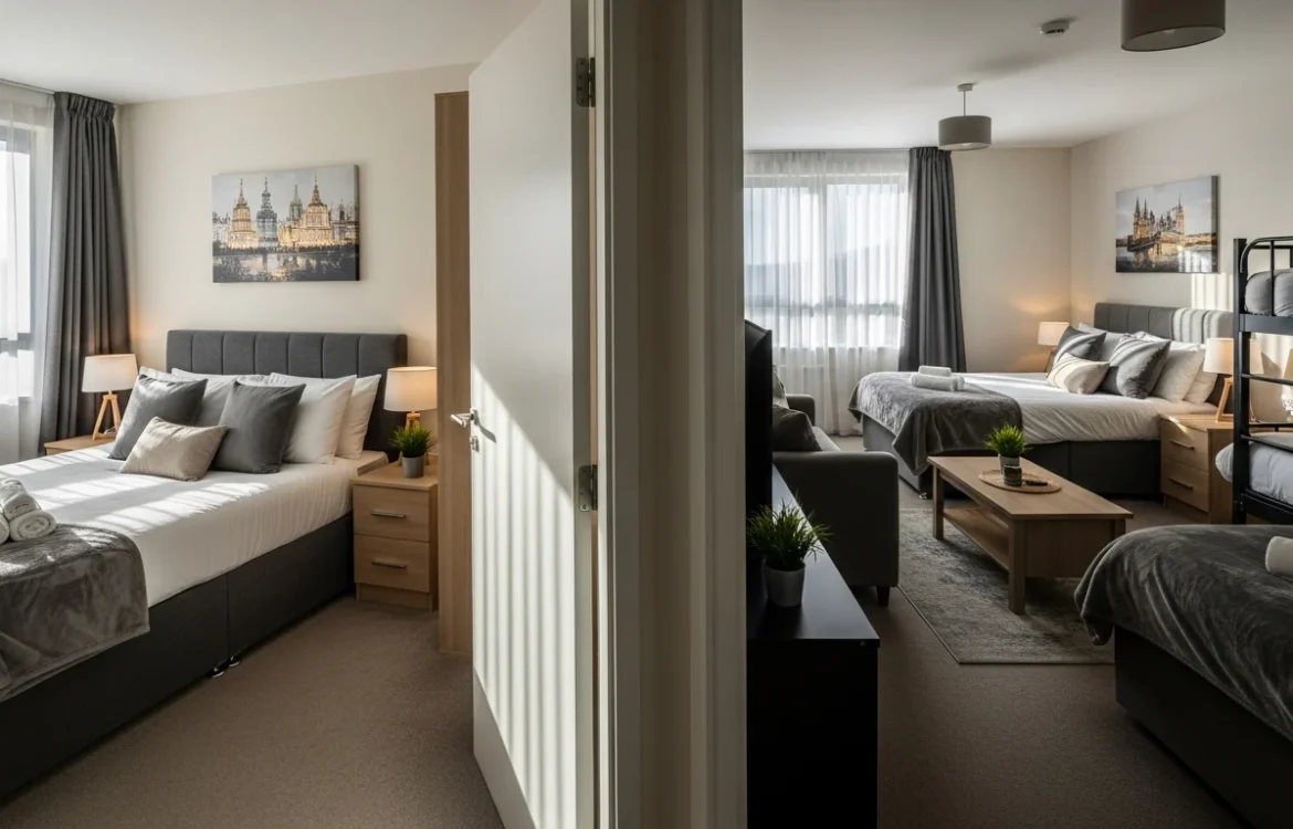 Rooms showing beds for multiple people: one double, one single, and a bunk bed. How Many People Can Live in a 2 Bedroom? Occupancy Limits Explained.