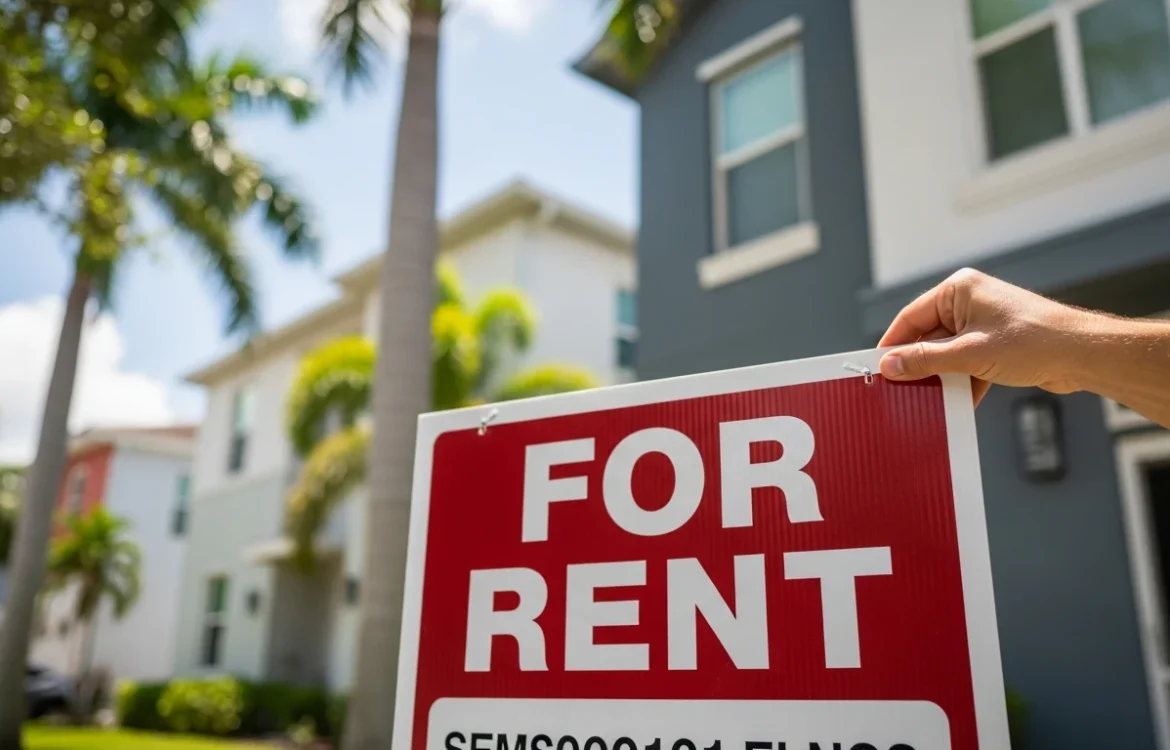 Hand holds a red "For Rent" sign in Florida near townhomes, addressing How Much Can a Landlord Raise Rent in Florida? 2026 Guide.