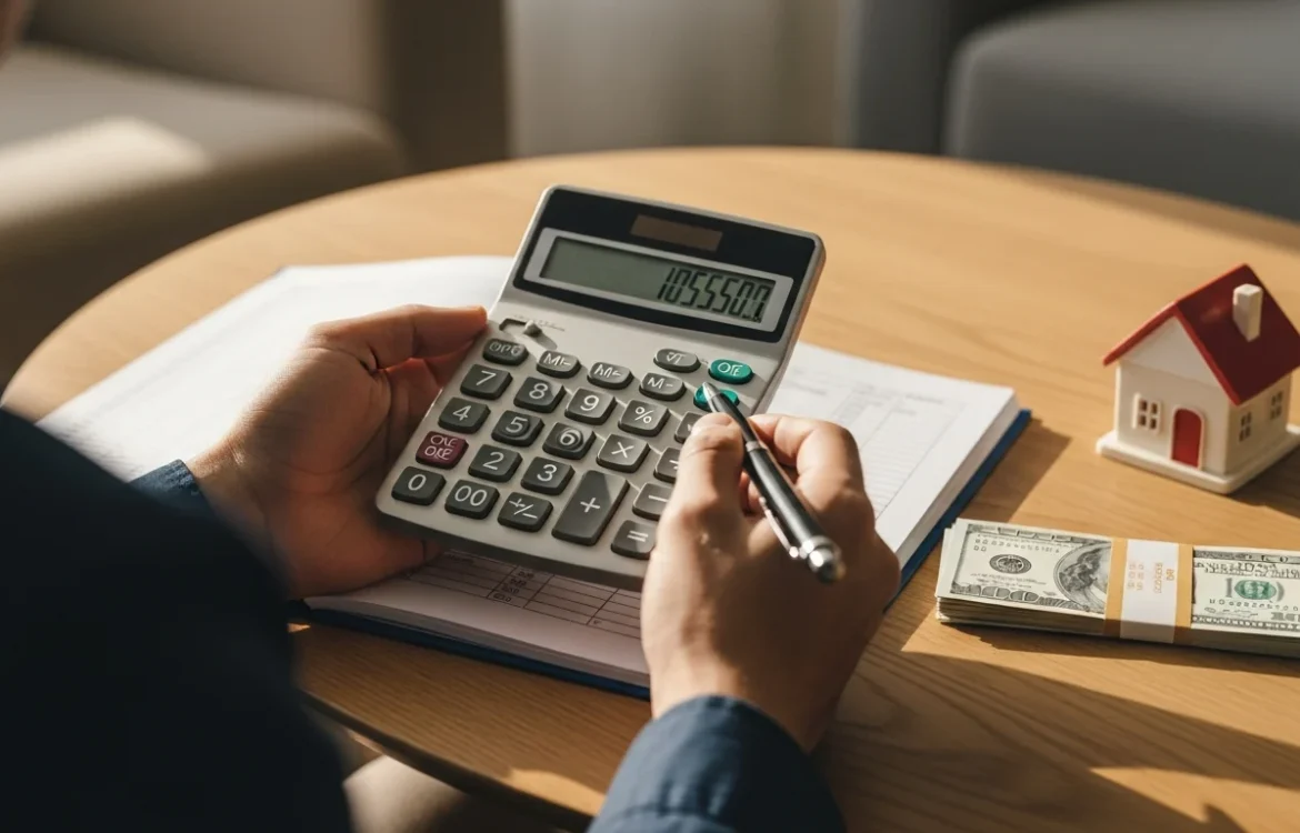 A person calculates rental costs on a calculator with cash and a house model. How Much Income for Rent? The 2026 Guide to Affordability Rules.