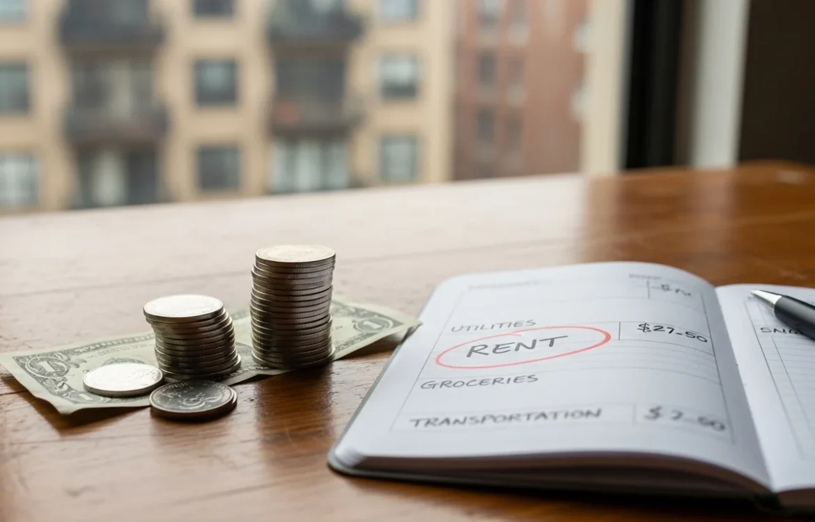 Stacks of coins next to a budget notebook with RENT circled. This illustrates How to Budget Rent on Low Income: A Complete 2026 Guide.